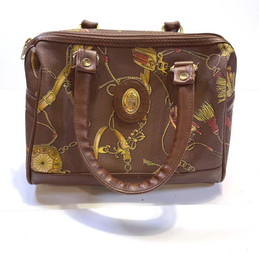 Vintage Sasson Brown Equestrian Chain Print Satchel Handbag Faux Leather 11 Inch